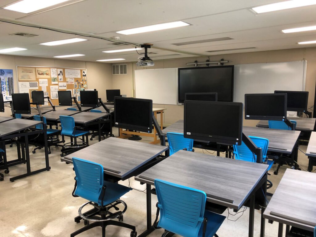 Furniture installation at Southwestern Illinois College featuring the OM5 Active Task Stool, CAD Drafting Table, 7000 Articulating Monitor Arm and Z-25 Fixed Height Keyboard Platform.