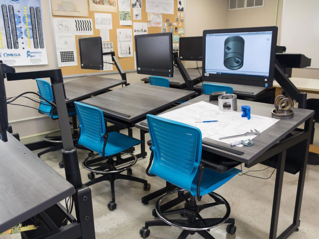Furniture installation at Southwestern Illinois College featuring the OM5 Active Task Stool, CAD Drafting Table, 7000 Articulating Monitor Arm and Z-25 Fixed Height Keyboard Platform.