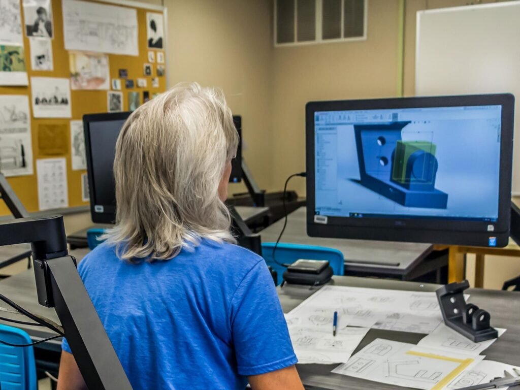 Furniture installation at Southwestern Illinois College featuring the OM5 Active Task Stool, CAD Drafting Table, 7000 Articulating Monitor Arm and Z-25 Fixed Height Keyboard Platform.