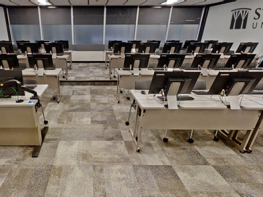 Furniture installation at Stockton University featuring the LCD Secure Table.