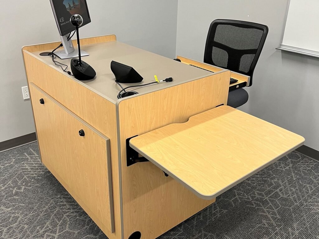 Furniture installation at Saint Mary's College featuring the YS71N Nesting Chair, Koi Table, Universal Lectern 2 and AdapTable Series.