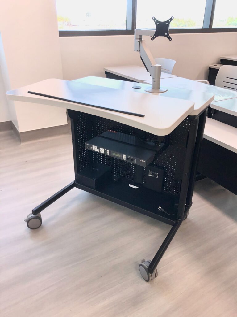 Computer Comforts' Freedom Instructor Cart with height adjustable front surface.