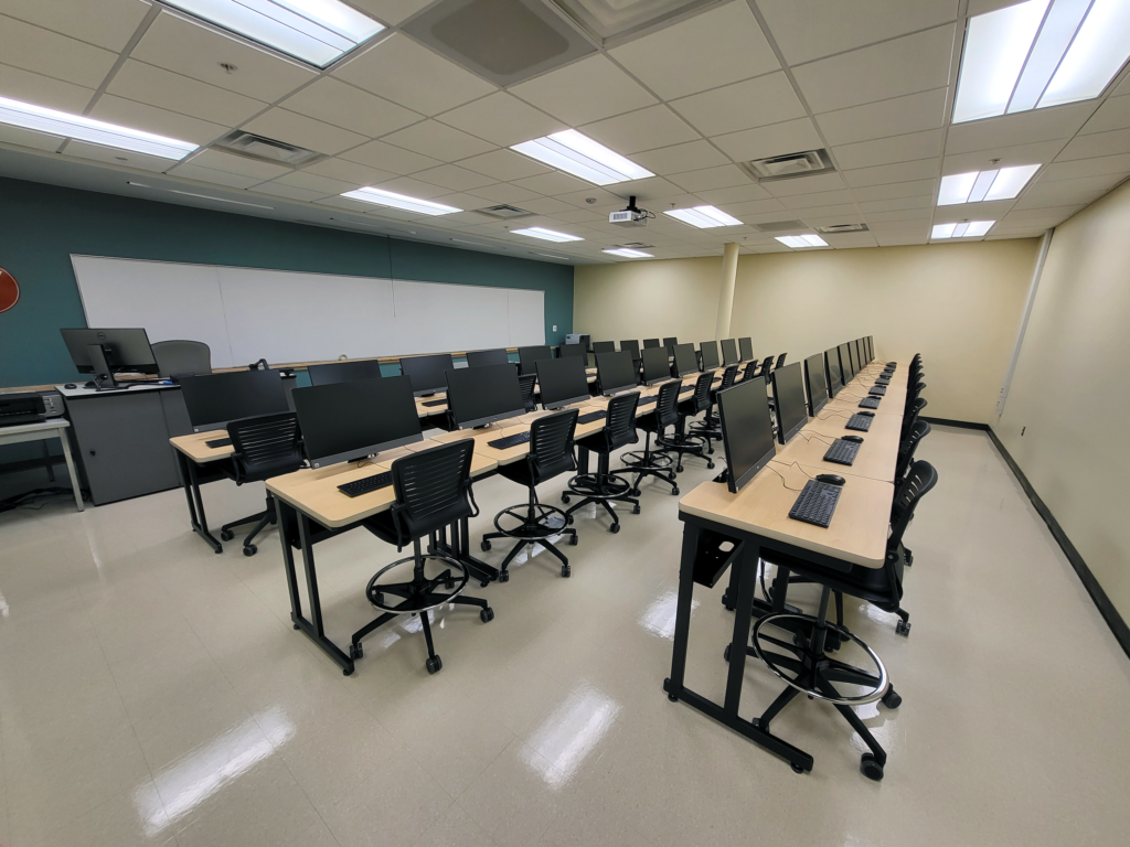 Computer Comforts' Tiered LCD Secure Student Tables (Tier Secure) and OM5 Active Task Stools at Cayuga Community College