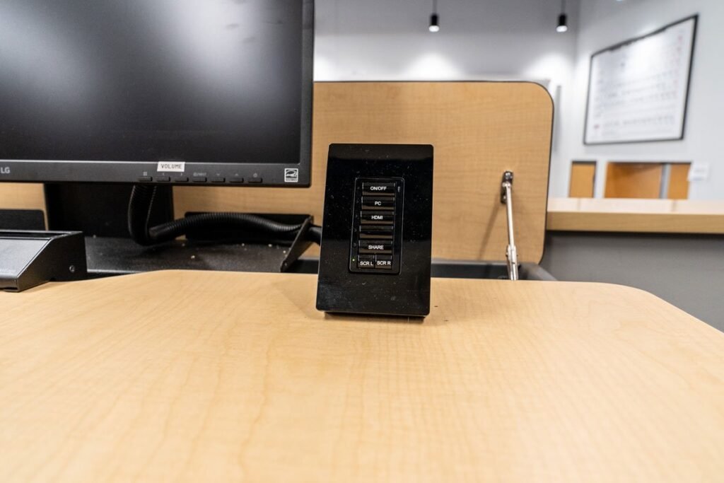 Computer Comforts' Collaborative Student Tables shown with table-top controls.