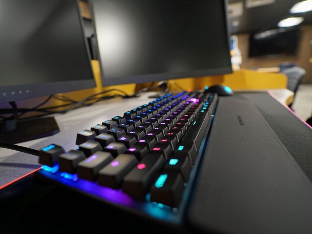 Gaming keyboard on Computer Comforts' MOBA Esports Table at Niagara County Community College