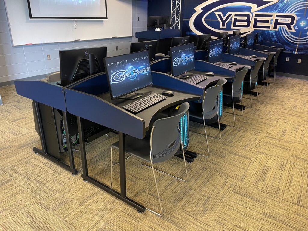 Furniture installation at Chipola College featuring the MOBA Esports Table and RACK2 Fixed CPU Holder.