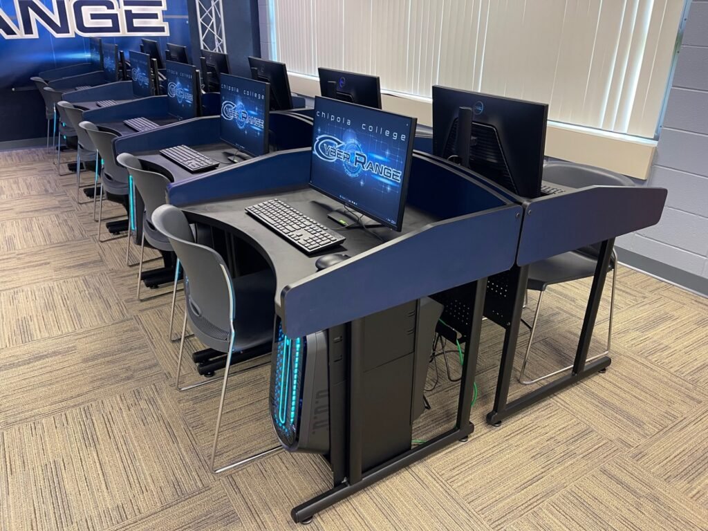 Furniture installation at Chipola College featuring the MOBA Esports Table and RACK2 Fixed CPU Holder.