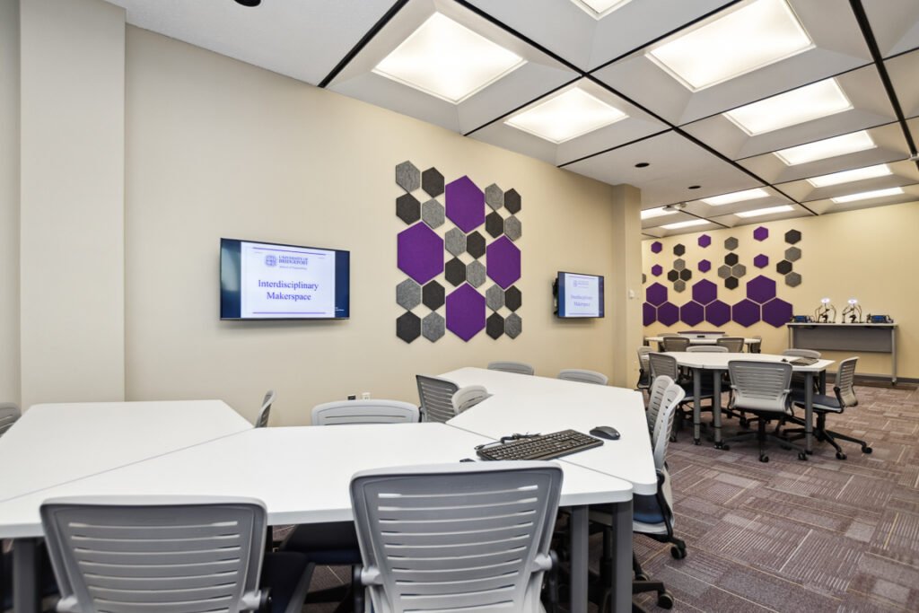 Furniture installation at University of Bridgeport featuring the OM5 Active Task Chair, Active Learning Cluster, Axil Z, PowerBar, Collaborative Table Series and Coligo Acoustic Panels.
