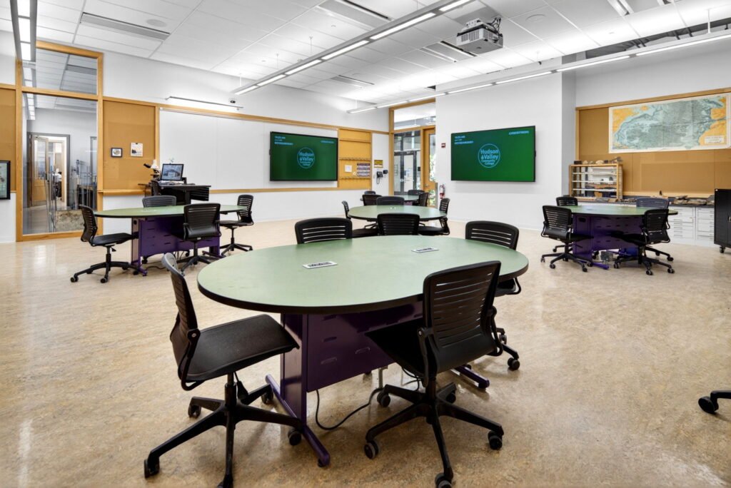 Furniture installation at Hudson Valley Community College featuring the Collaborative Table Series, Axil Z, OM5 Active Task Chair, Transformer Lectern and OM5 Active Task Stool.