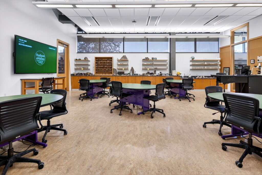 Furniture installation at Hudson Valley Community College featuring the Collaborative Table Series, Axil Z, OM5 Active Task Chair, Transformer Lectern and OM5 Active Task Stool.
