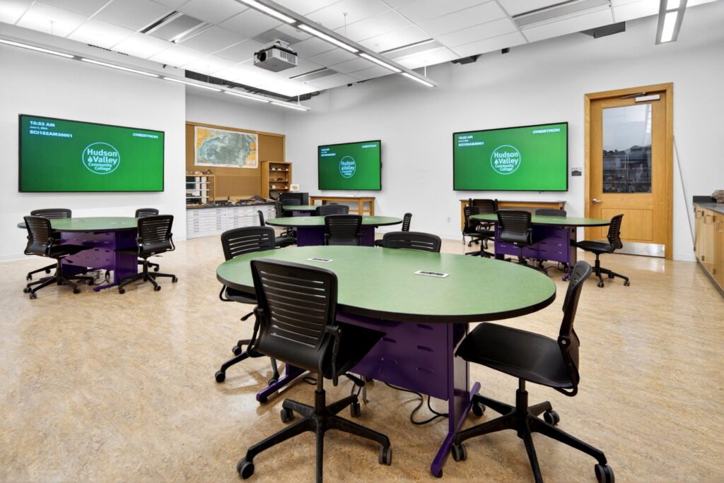 Furniture installation at Hudson Valley Community College featuring the Collaborative Table Series, Axil Z, OM5 Active Task Chair, Transformer Lectern and OM5 Active Task Stool.