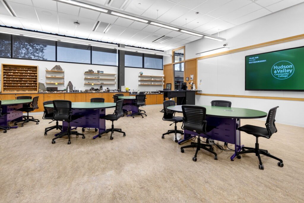 Furniture installation at Hudson Valley Community College featuring the Collaborative Table Series, Axil Z, OM5 Active Task Chair, Transformer Lectern and OM5 Active Task Stool.