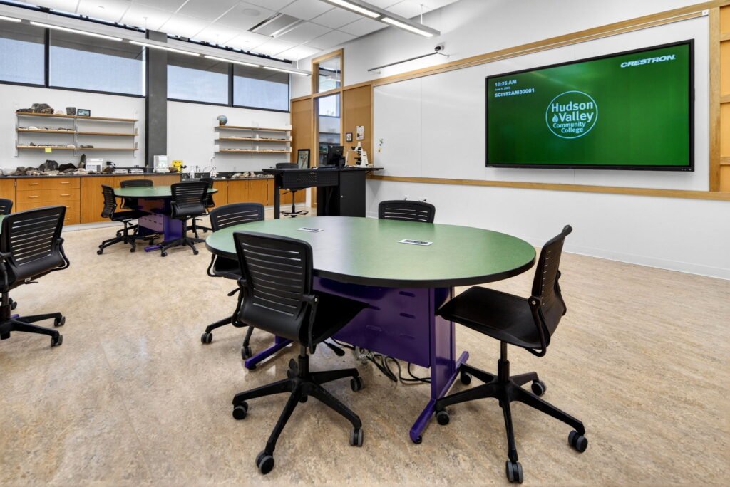 Furniture installation at Hudson Valley Community College featuring the Collaborative Table Series, Axil Z, OM5 Active Task Chair, Transformer Lectern and OM5 Active Task Stool.