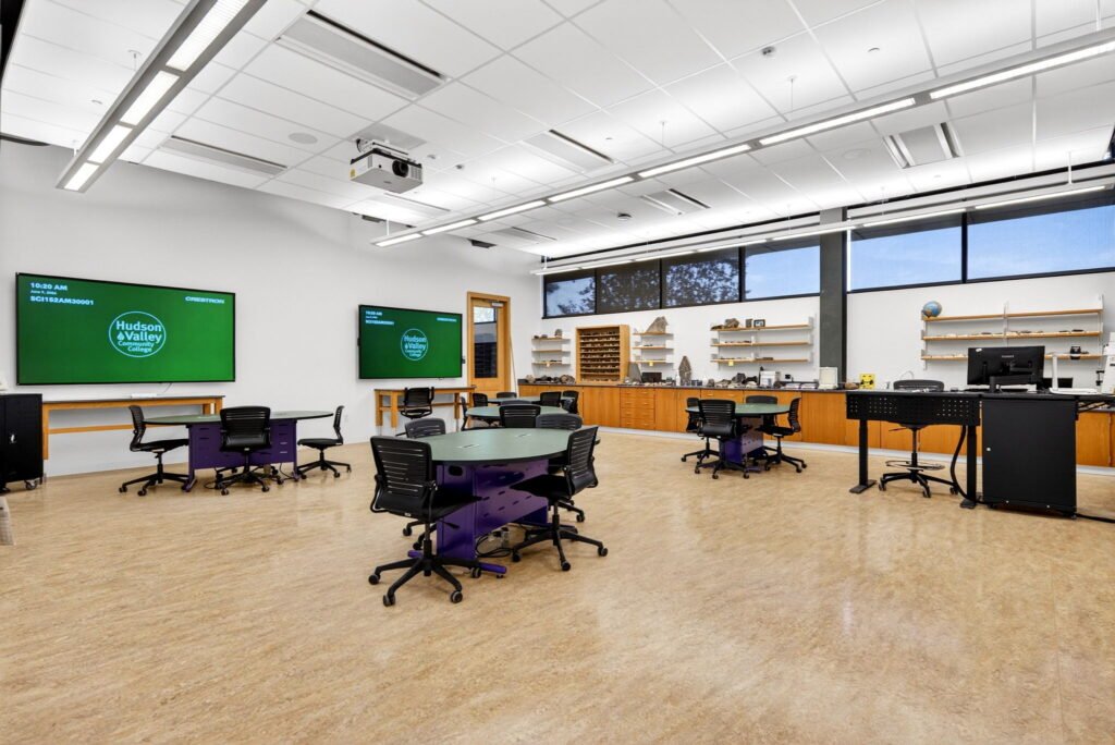 Furniture installation at Hudson Valley Community College featuring the Collaborative Table Series, Axil Z, OM5 Active Task Chair, Transformer Lectern and OM5 Active Task Stool.