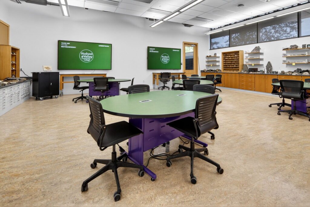 Furniture installation at Hudson Valley Community College featuring the Collaborative Table Series, Axil Z, OM5 Active Task Chair, Transformer Lectern and OM5 Active Task Stool.