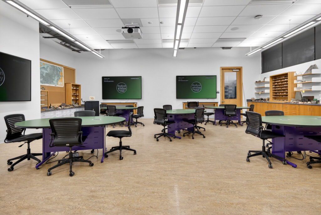 Furniture installation at Hudson Valley Community College featuring the Collaborative Table Series, Axil Z, OM5 Active Task Chair, Transformer Lectern and OM5 Active Task Stool.