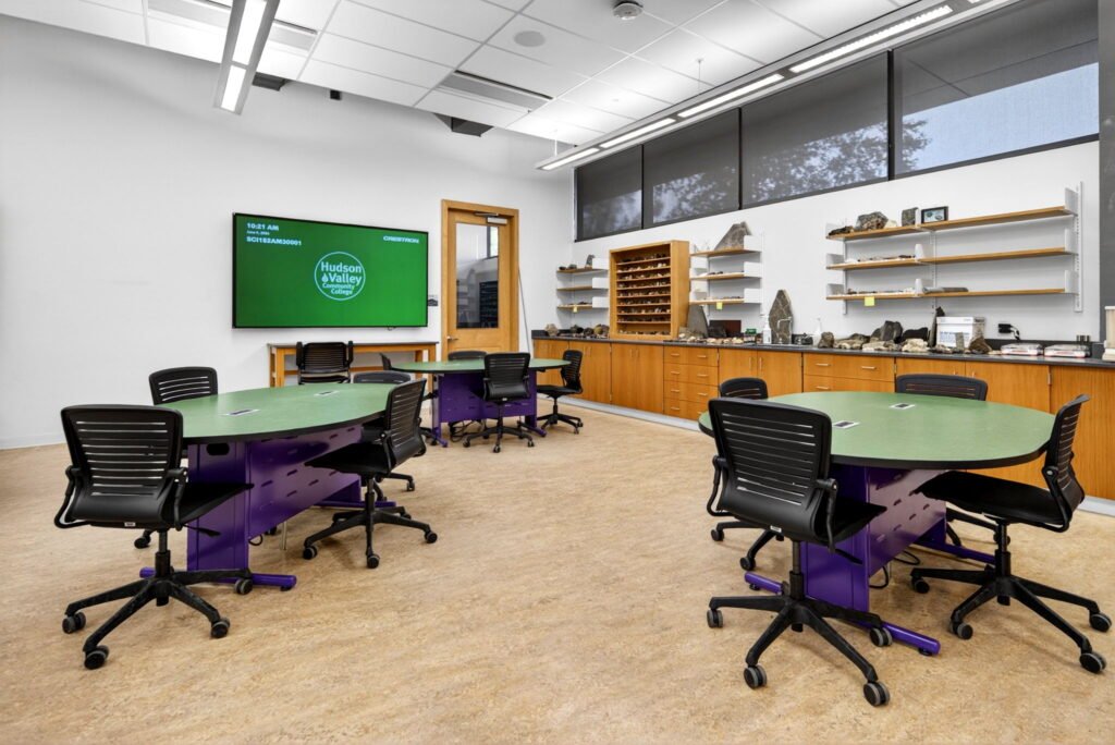 Furniture installation at Hudson Valley Community College featuring the Collaborative Table Series, Axil Z, OM5 Active Task Chair, Transformer Lectern and OM5 Active Task Stool.