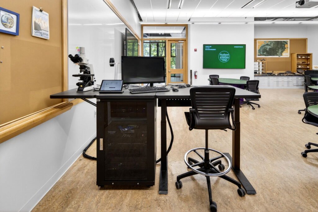 Furniture installation at Hudson Valley Community College featuring the Collaborative Table Series, Axil Z, OM5 Active Task Chair, Transformer Lectern and OM5 Active Task Stool.