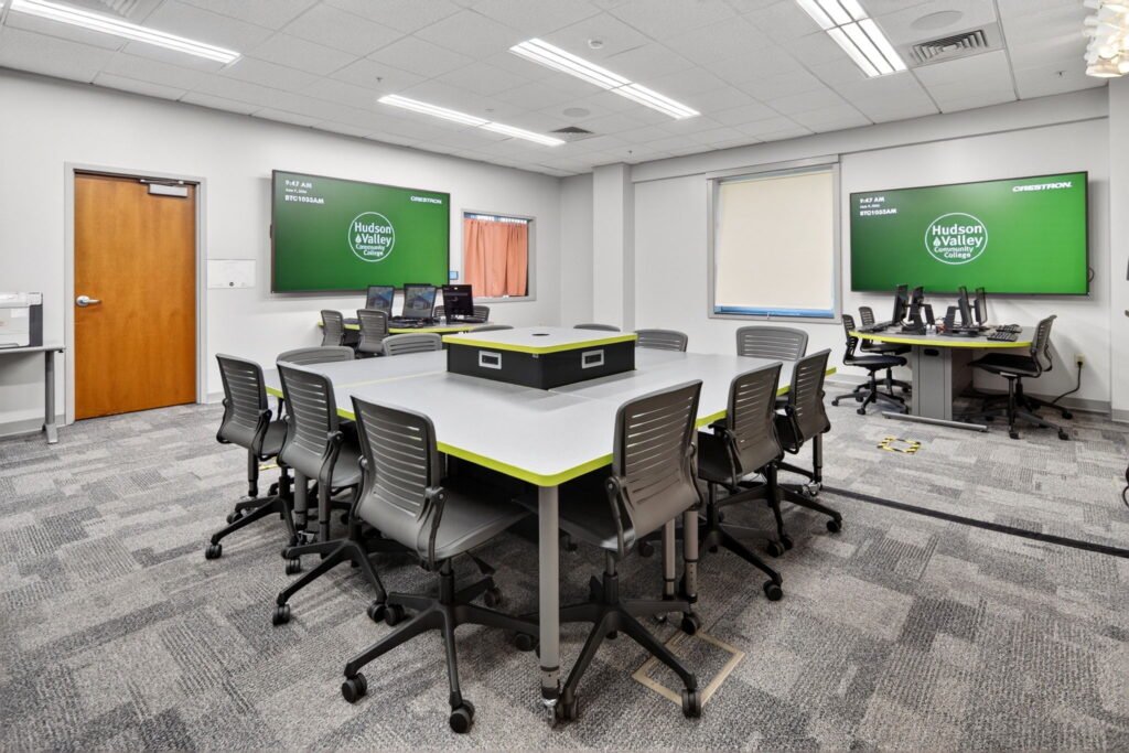 Furniture installation at Hudson Valley Community College featuring the Mobile Active Learning Cluster, Axil Z, OM5 Active Task Chair, Transformer Lectern and Collaborative Table Series.