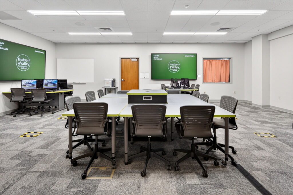 Furniture installation at Hudson Valley Community College featuring the Mobile Active Learning Cluster, Axil Z, OM5 Active Task Chair, Transformer Lectern and Collaborative Table Series.