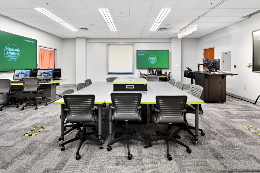 Furniture installation at Hudson Valley Community College featuring the Mobile Active Learning Cluster, Axil Z, OM5 Active Task Chair, Transformer Lectern and Collaborative Table Series.