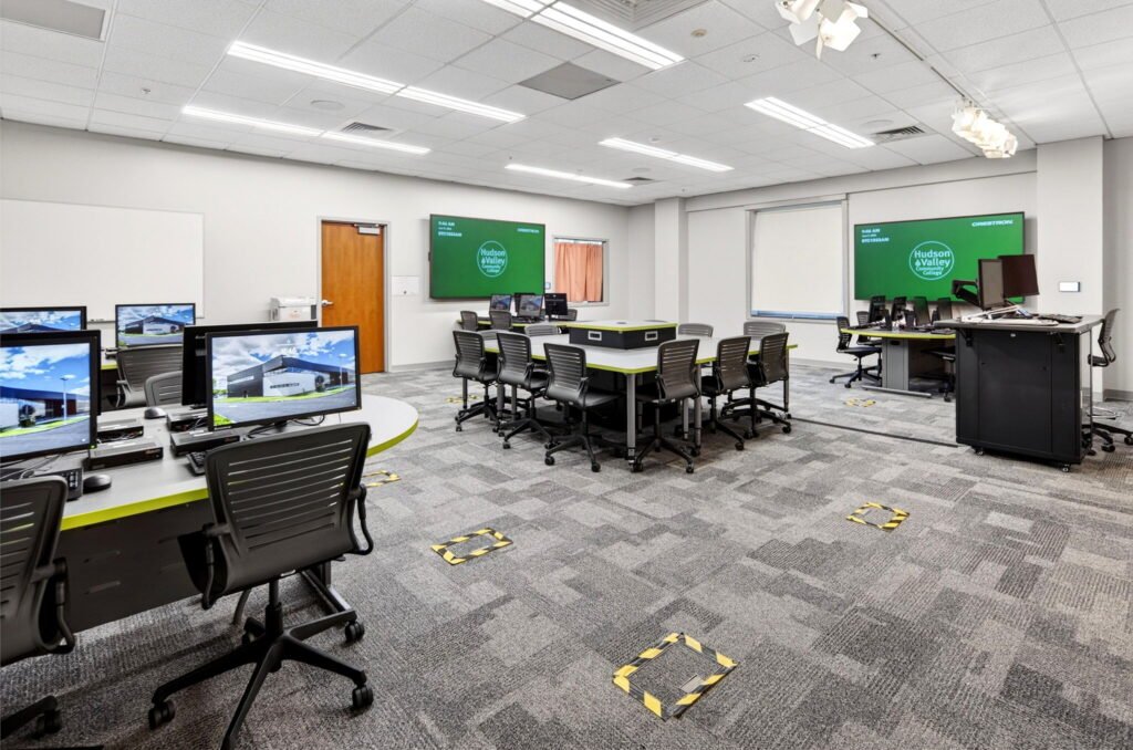 Furniture installation at Hudson Valley Community College featuring the Mobile Active Learning Cluster, Axil Z, OM5 Active Task Chair, Transformer Lectern and Collaborative Table Series.