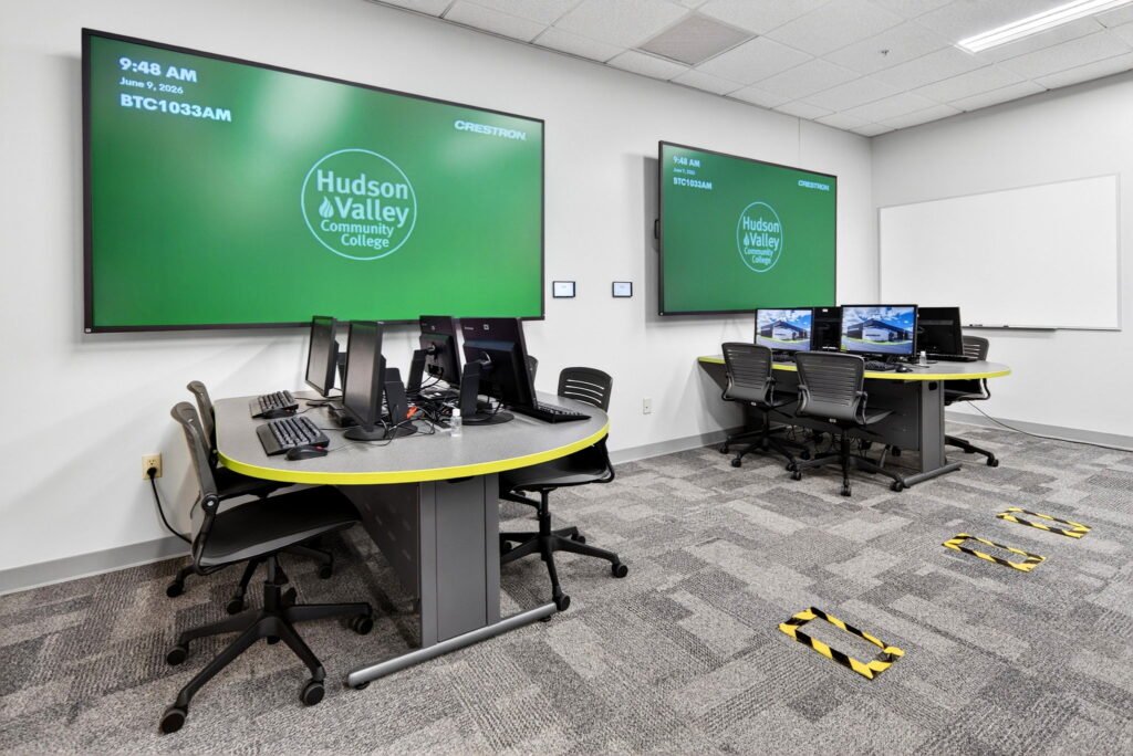 Furniture installation at Hudson Valley Community College featuring the Mobile Active Learning Cluster, Axil Z, OM5 Active Task Chair, Transformer Lectern and Collaborative Table Series.