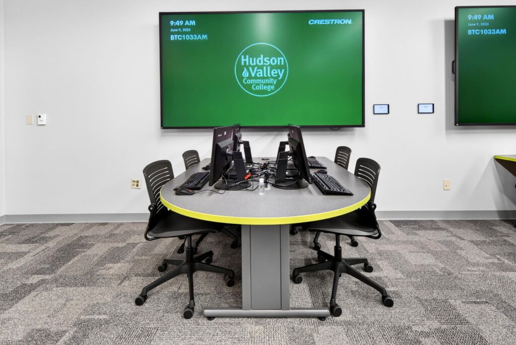 Furniture installation at Hudson Valley Community College featuring the Mobile Active Learning Cluster, Axil Z, OM5 Active Task Chair, Transformer Lectern and Collaborative Table Series.