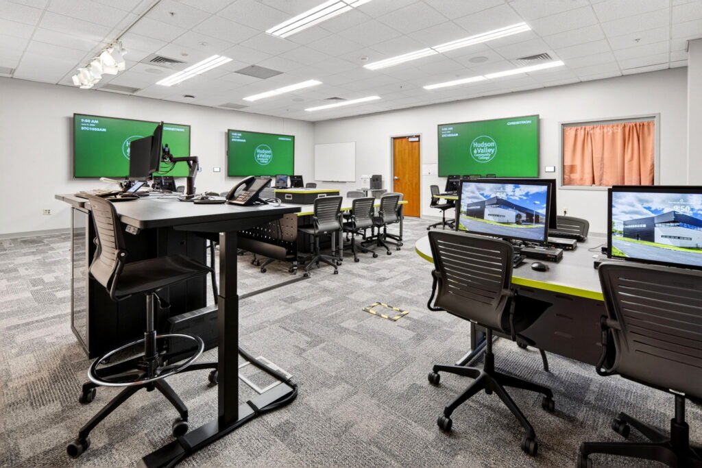 Furniture installation at Hudson Valley Community College featuring the Mobile Active Learning Cluster, Axil Z, OM5 Active Task Chair, Transformer Lectern and Collaborative Table Series.