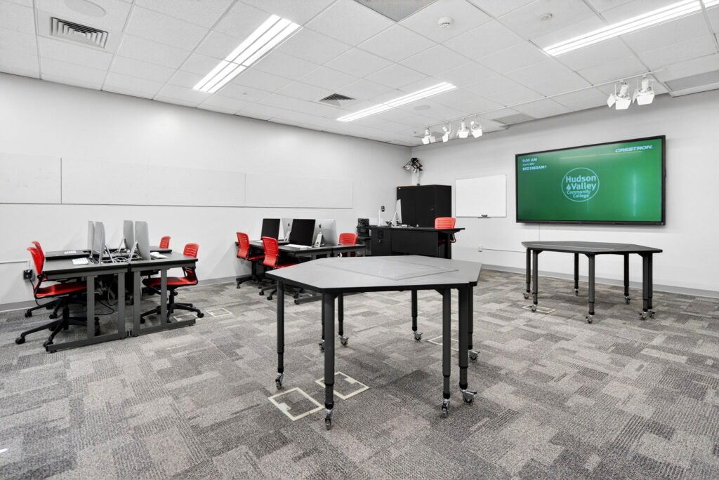 Furniture installation at Hudson Valley Community College featuring the AdapTable Series, Recessed LCD Table, OM5 Active Task Chair, OM5 Active Task Stool and EVOLVE Lectern.