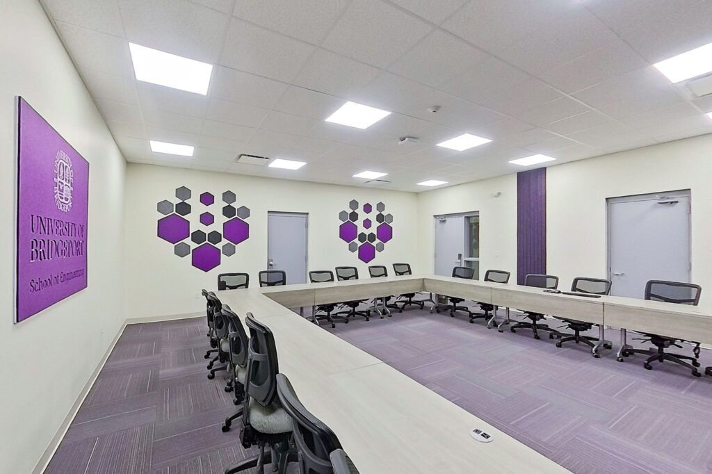 Furniture installation at University of Bridgeport featuring the Coligo Acoustic Panels, Collaborative Table Series, AdapTable Series, Addo Acoustic Panels and OM5 Active Task Chair.