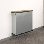 AV Hub finish sample with Kensington Maple laminate, black edge, and Alpine Silver painted base.