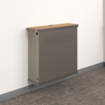 AV Hub finish sample with Kensington Maple laminate, Coffee edge, and Chicory painted base.