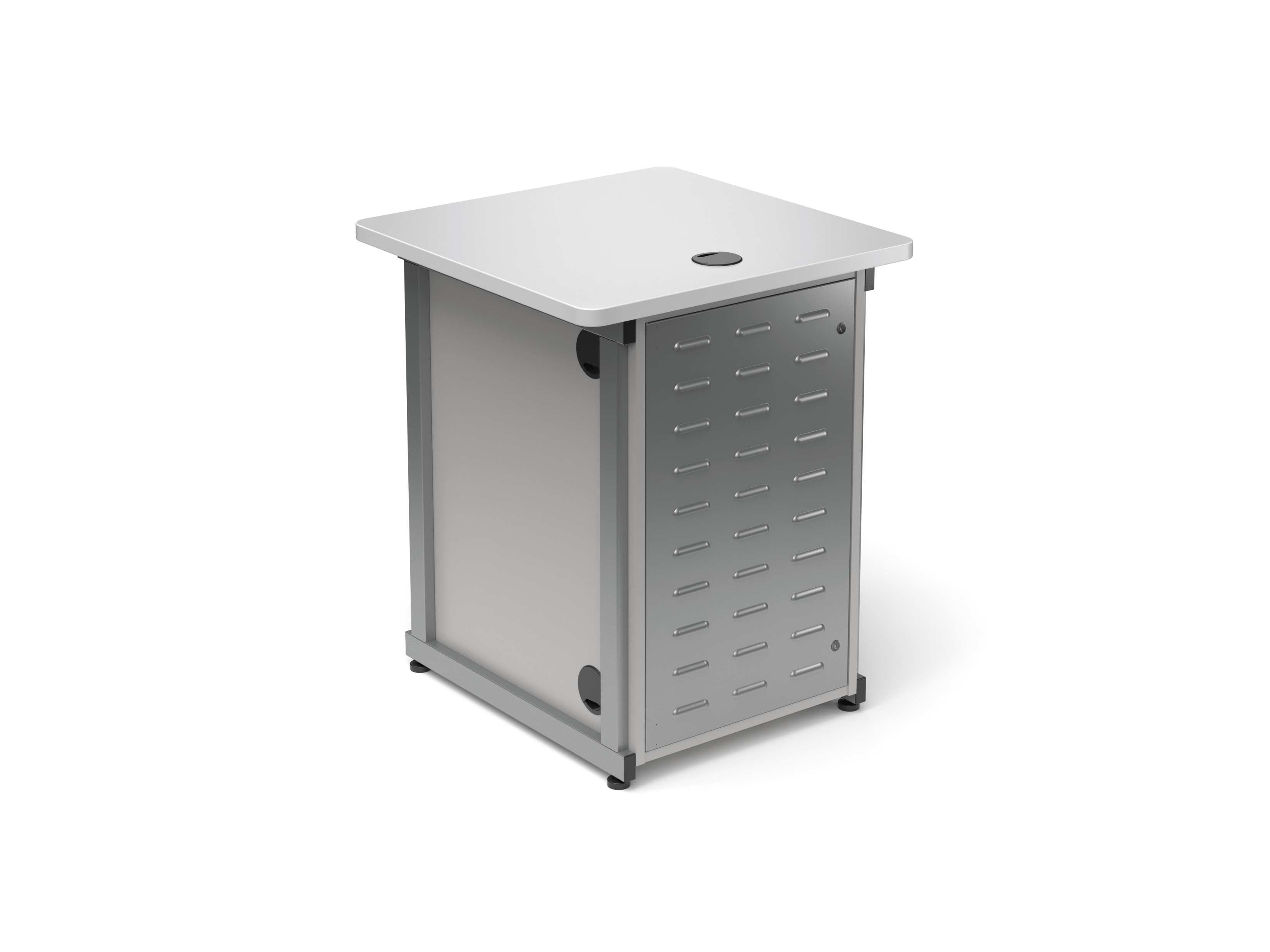 Rear View of Space Saver Lectern with Alpine Silver Paint and Fashion Grey Rack Box Cabinet.