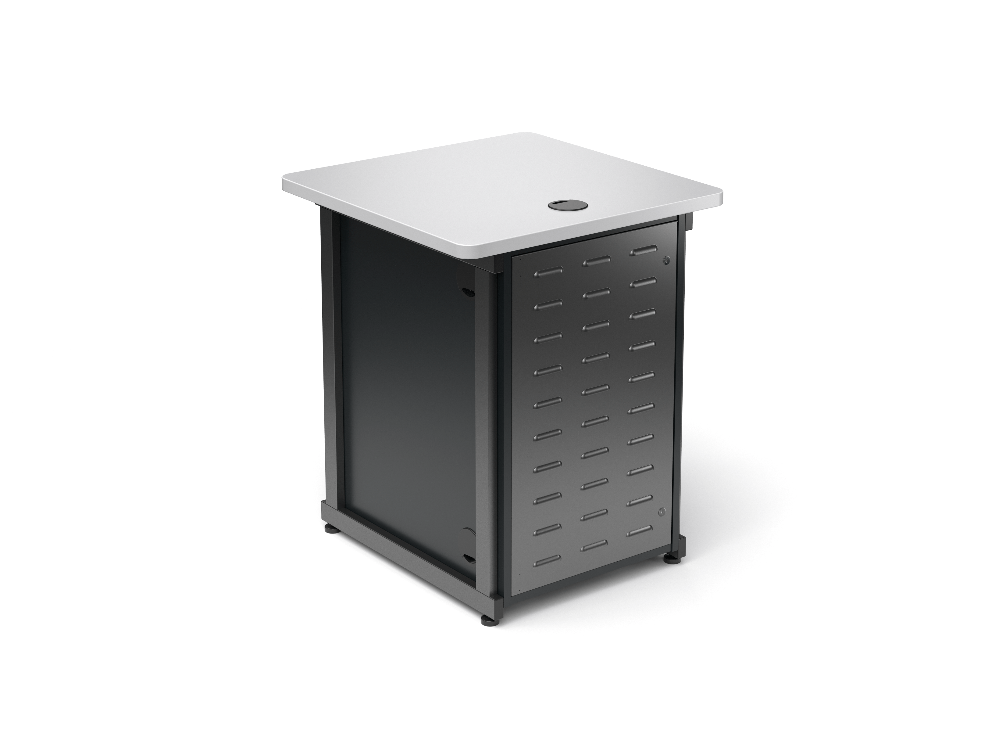 Rear View of Space Saver Lectern with Titanium Paint and Black Rack Box Cabinet.