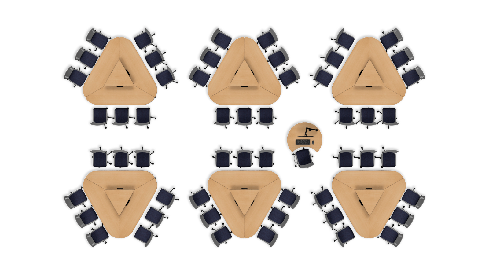 Overhead view of 84-inch triangle Active Learning Cluster tables, seating nine students each, shown in a collaborative classroom furniture layout.