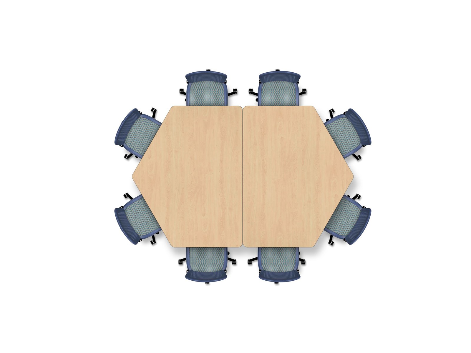 Eight‑seat irregular octagon formed by two Adaptable Series homeplate‑shaped tables joined base‑to‑base, with task chairs placed at each edge.