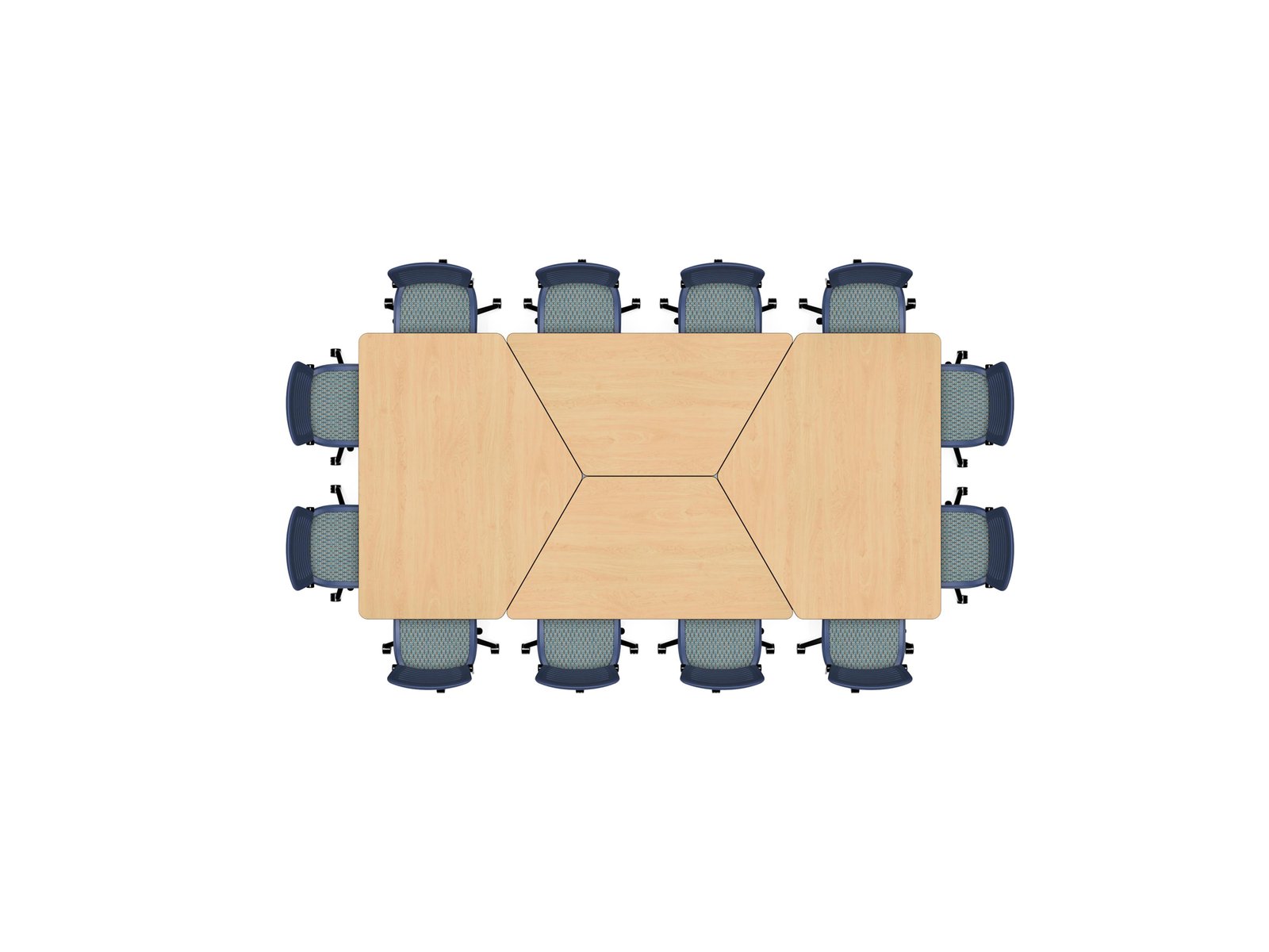 Twelve‑seat perfect rectangle of two Adaptable Series homeplate‑shaped tables flanked by two trapezoidal tables, with chairs evenly spaced on all four sides.