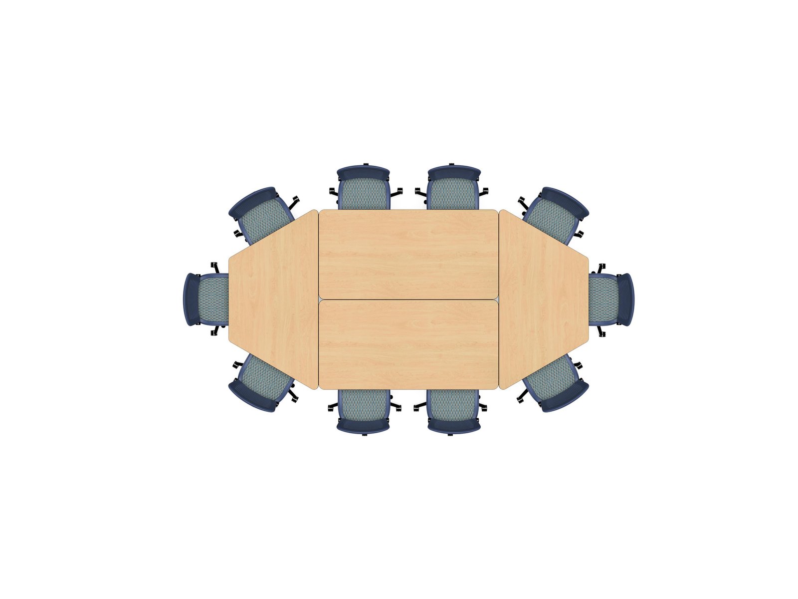 Ten‑seat chamfered‑rectangle layout created by two Adaptable Series rectangular tables bookended by two trapezoidal tables, with chairs around the perimeter.