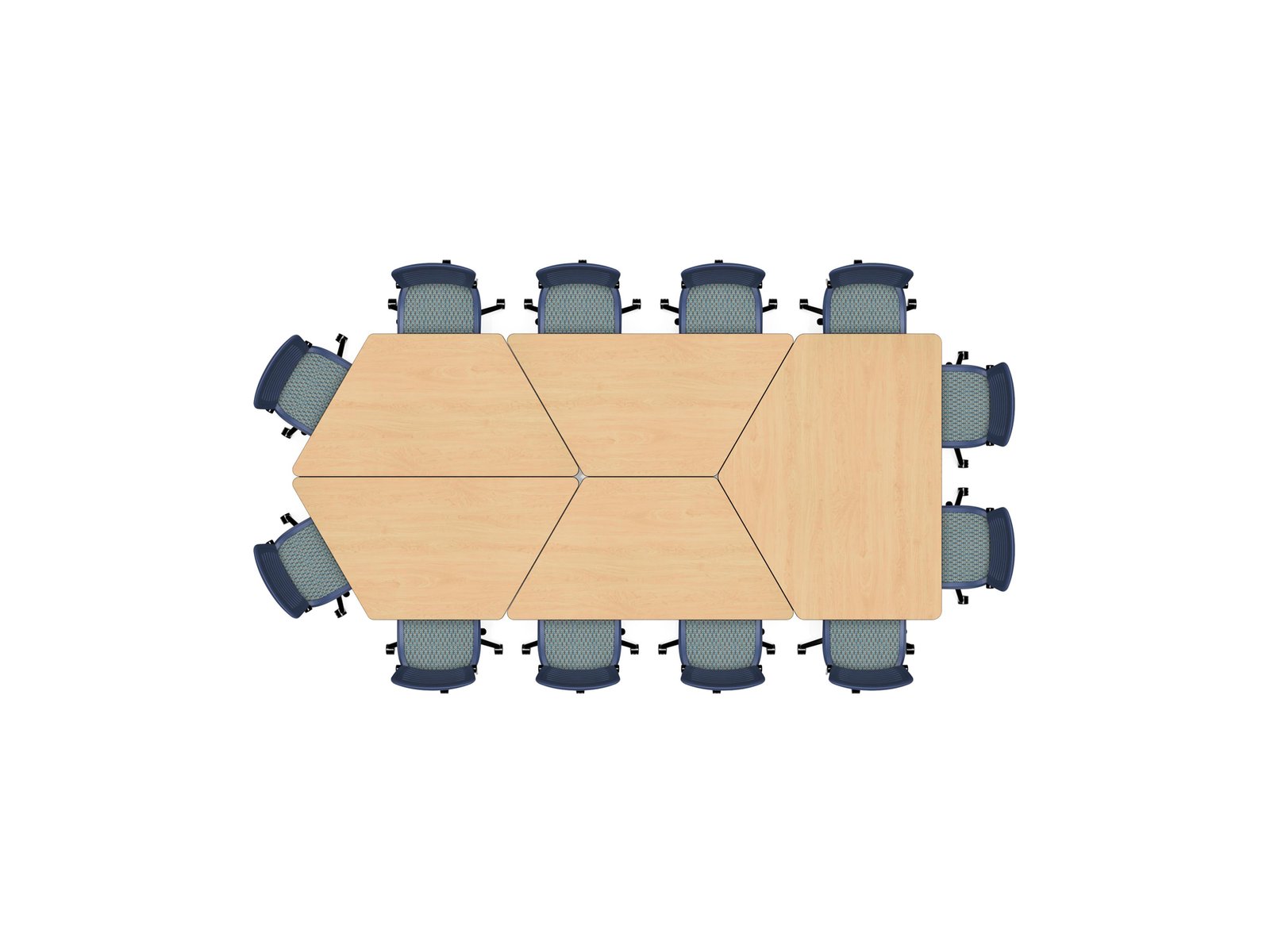 Twelve‑seat arrow‑shaped cluster with one Adaptable Series homeplate‑shaped table at the front and four trapezoidal tables extending behind, surrounded by task chairs.