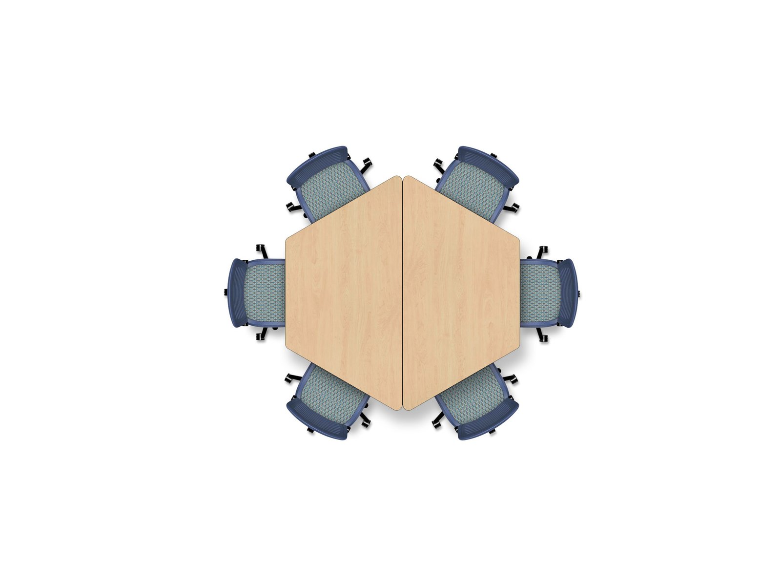 Six‑seat regular hexagon formed by two Adaptable Series trapezoidal tables joined along their long sides, with six chairs around.