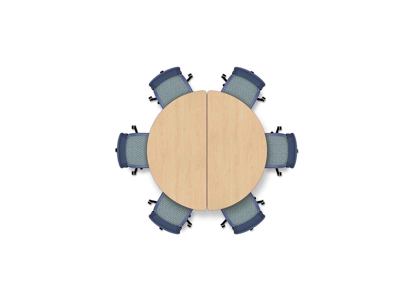 Six‑seat circular configuration of two Adaptable Series half‑round tables placed side‑by‑side, with chairs evenly arranged in a ring.