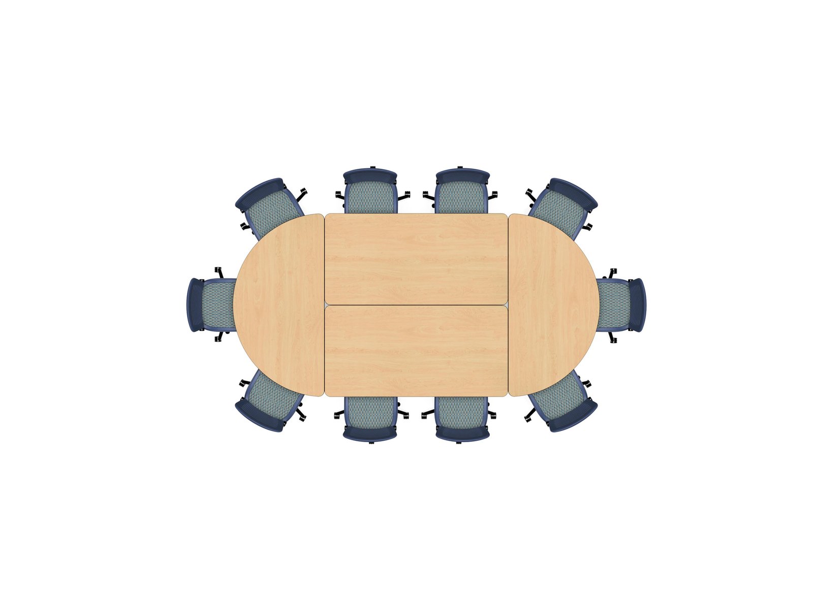 Ten‑seat capsule‑shaped run of two Adaptable Series trapezoidal tables alternating with two rectangular tables, with chairs along both long edges.