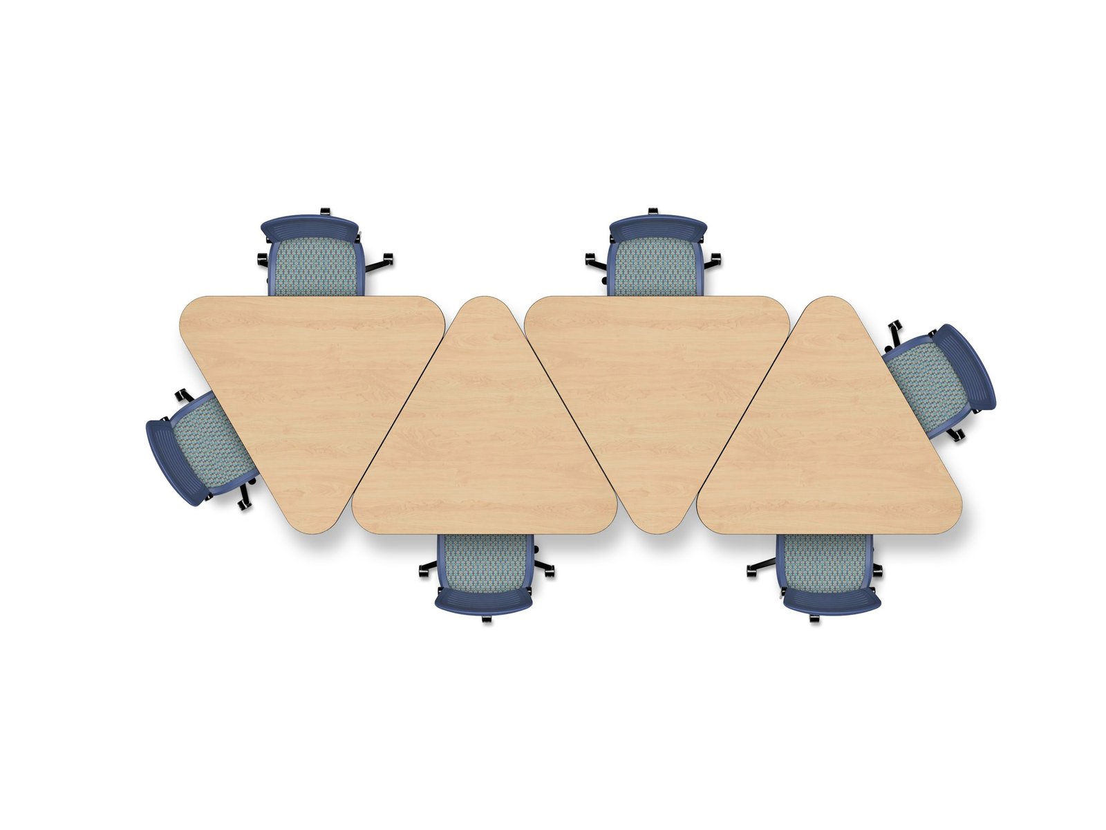 Six‑seat parallelogram composed of four Adaptable Series triangular tables, with chairs positioned along the two parallel long sides.