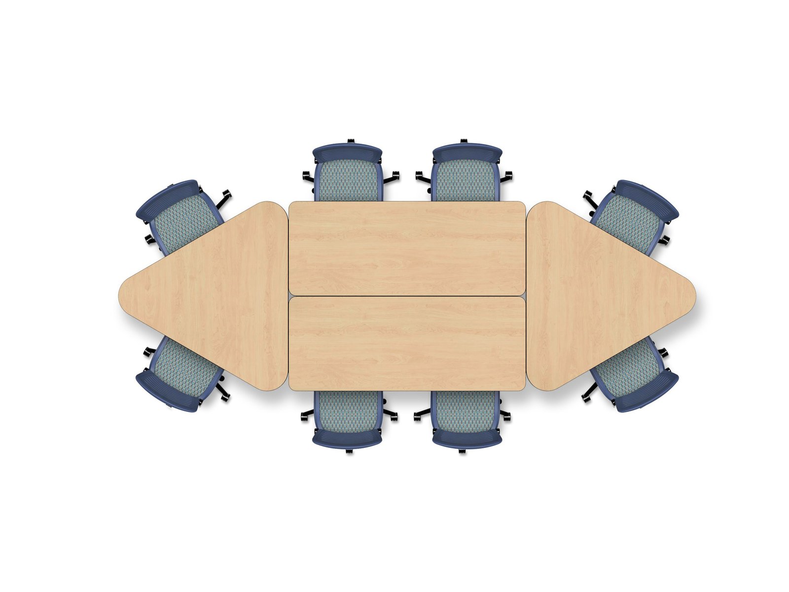 Eight‑seat elongated hexagon of two Adaptable Series rectangular tables bookended by two triangular tables, with chairs arrayed around the shape.