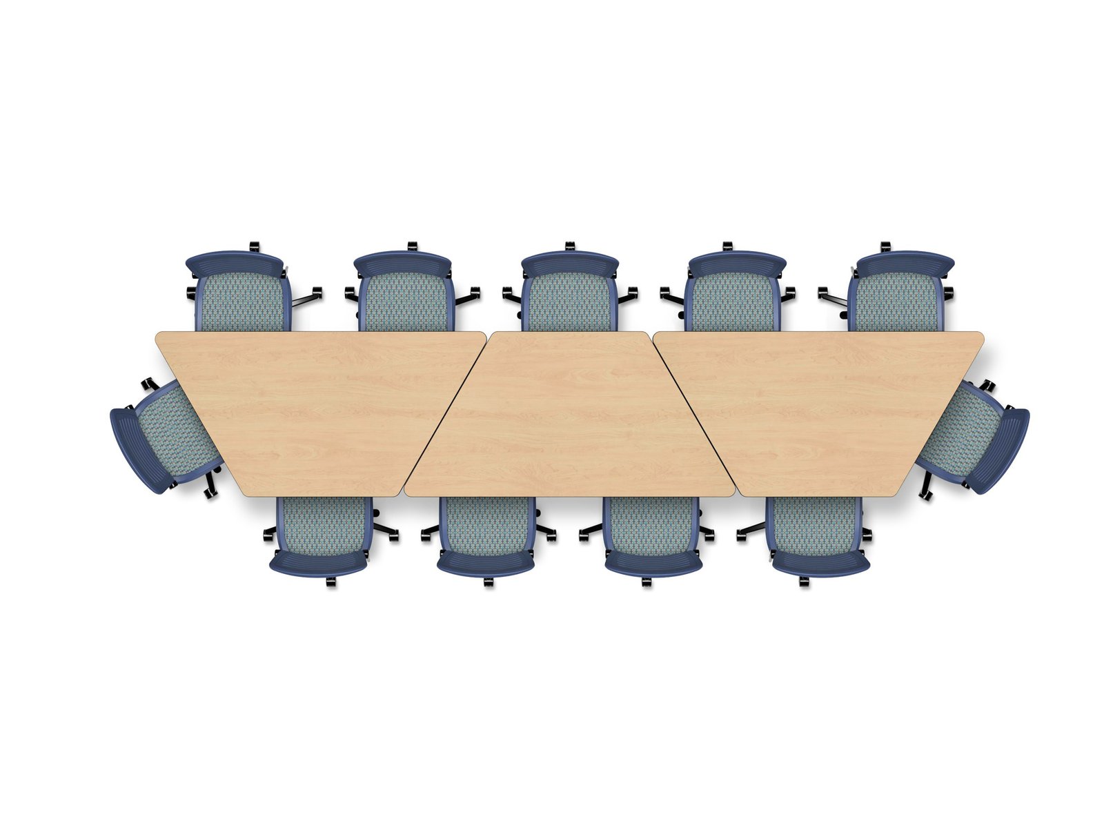 Eleven‑seat trapezoid configuration of three Adaptable Series trapezoidal tables linked end‑to‑end, with task chairs staggered along the two long sides.