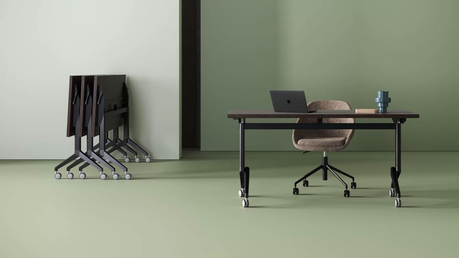 Caliber Flip Top Nesting Tables stacked against wall and one in use with locking casters.