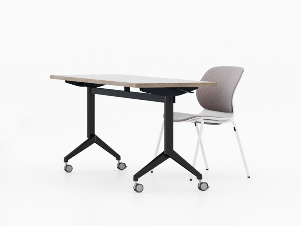 Nesting Table on Casters shown from angle with slim beam and paddle-release mechanism.