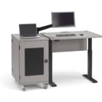 Evolve Lectern adjustable AV lectern in North Sea laminate finish with locking front door, locking casters, and articulating monitor arm
