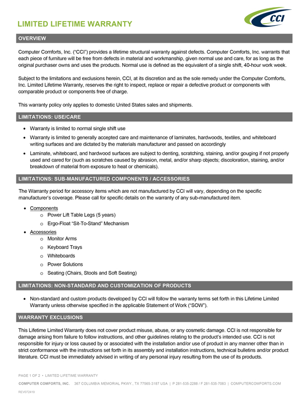 Limited Lifetime Warranty for Computer Comforts, Inc.